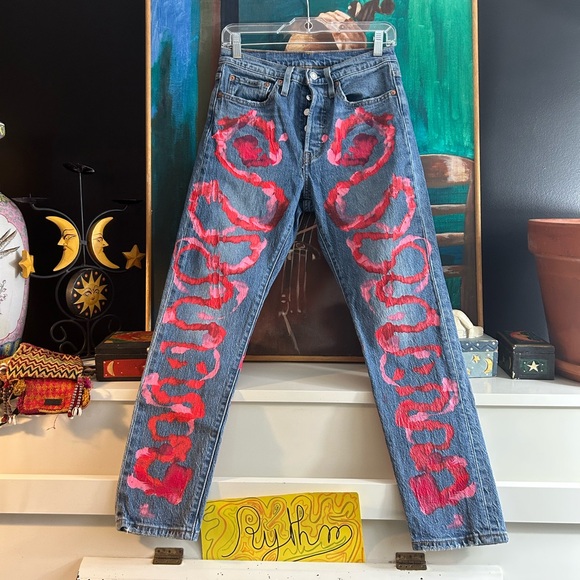 Levi's 501’s Blue and Pink Painted Artistic Straight Leg Jeans W26" X L28" - Picture 2 of 16